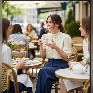 Brea Canyon Smocked Neck Ivory Blouse Puffed Vegan Leather Sleeves Size L NWT